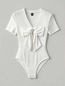 Franclia 女士时尚优雅罗纹蝴蝶结设计短袖连体衣 - 白色 - 查看 3