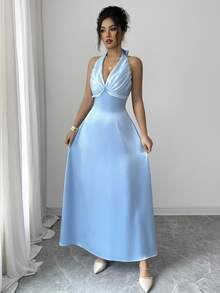 Elenzga Generic Women's Light Blue Satin Halter Maxi Dress, Elegant Deep V Neck Sleeveless A-Line Flowy Formal Dress For Cocktail Party Wedding Guest Bridesmaid Evening Prom - Blue - View 6