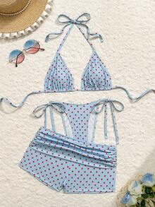 Swim Vcay Summer New Beach Vacation Party Afternoon Tea Polka Dot Print Micro Triangle Side Tie Ruched 3 PiecesWomen Swimwear Set - Multicolor - View 2