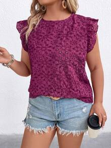 EMERY ROSE Plus Size Women Vacation Floral Embroidery Back Tie Cap Sleeve Blouse - Red Violet - View 6