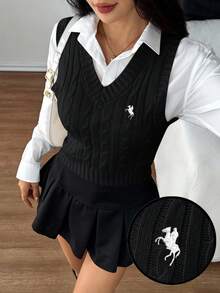 SHEIN PETITE 女式V领扭纹休闲针织骑士图案背心，秋冬 - 黑色 - 查看 1