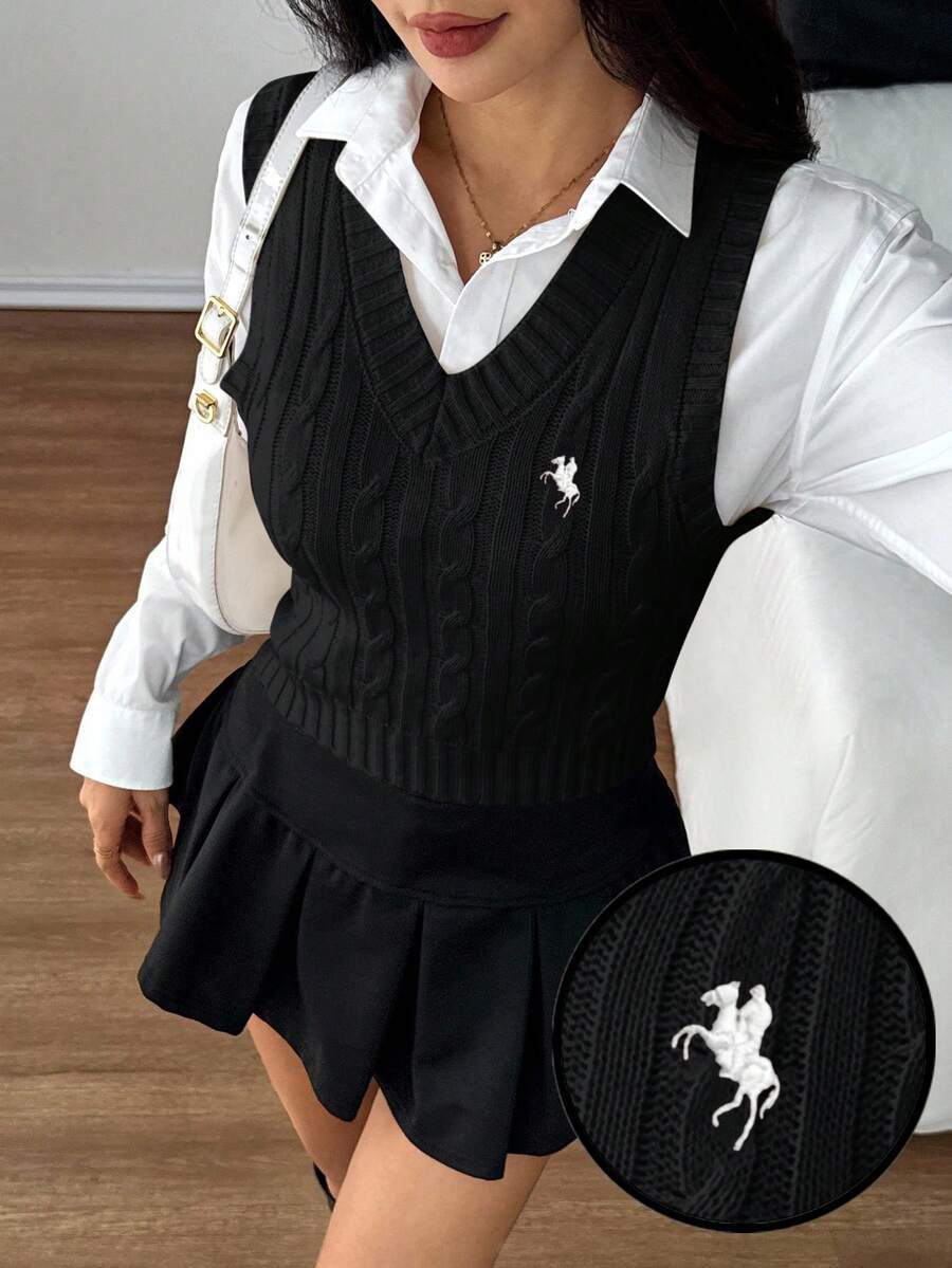 SHEIN PETITE 女式V领扭纹休闲针织骑士图案背心，秋冬 - 黑色 - 查看 1