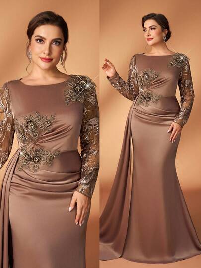 Serin Plus Size Elegant Luxurious Coffee Brown Embroidered Lace Patchwork Elastic Satin Ruched Sheer Long Sleeve Mermaid Dress With Applique Design, Suitable For Wedding, Party, Vacation, Prom, Mother Of The Bride Evening Gown Brown Elegant Dress Women
