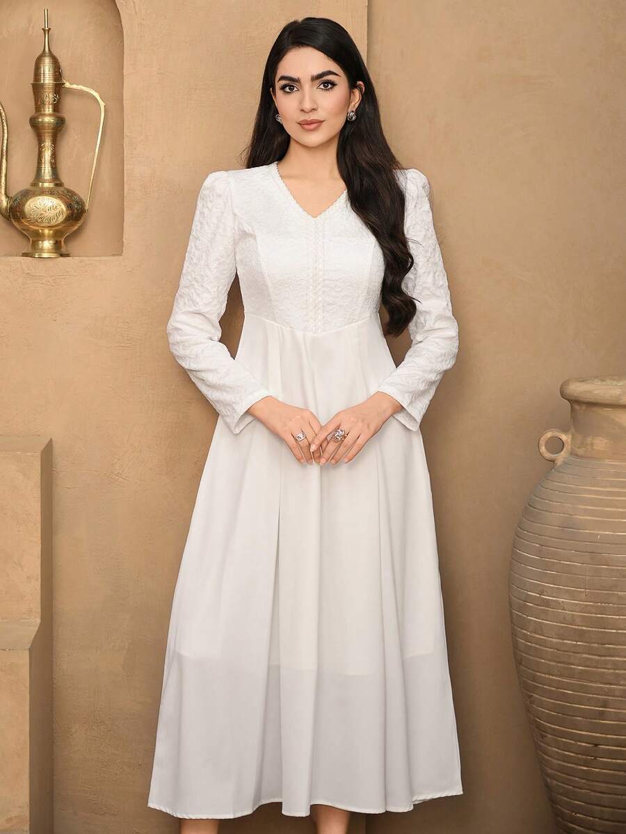 DAZY 女士优雅拼接纹理V领花瓣袖白色中长连衣裙，春夏款，婚礼宾客礼服，女士连衣裙/吊带裙 - 白色 - 查看 1