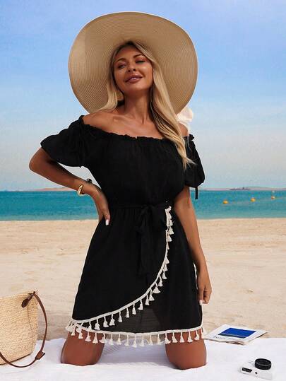 Swim Lushoire Women's Summer Beach Off Shoulder Bowknot Elastic Waist Patchwork Bohemian Tassel Trim Casual Vacation Dress