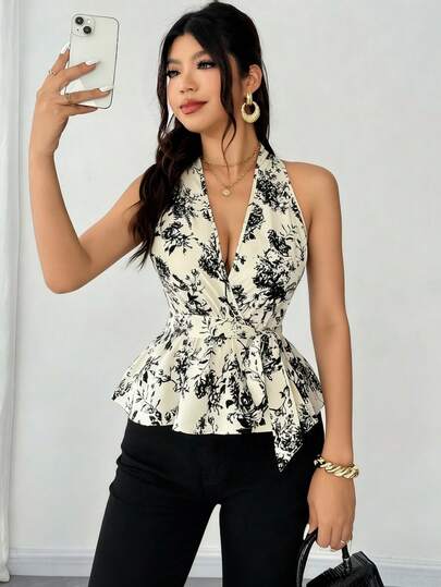 Rafferiza 女士优雅时尚V领荷叶边下摆系带露背时尚设计百搭春夏休闲衬衫，适合度假休闲、海滩旅行、春夏新款、情人节约会、商务通勤、生日、波西米亚风假日、夏季假期等各种场合。