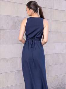 Andrea Bello Vacation Casual Solid Color Front Button Sleeveless Dress - Navy Blue - View 2