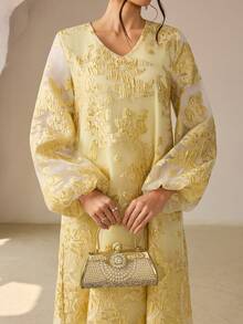 SHEIN Najma 新款提花紫色阿拉伯风格女装 - 黃色 - 查看 1