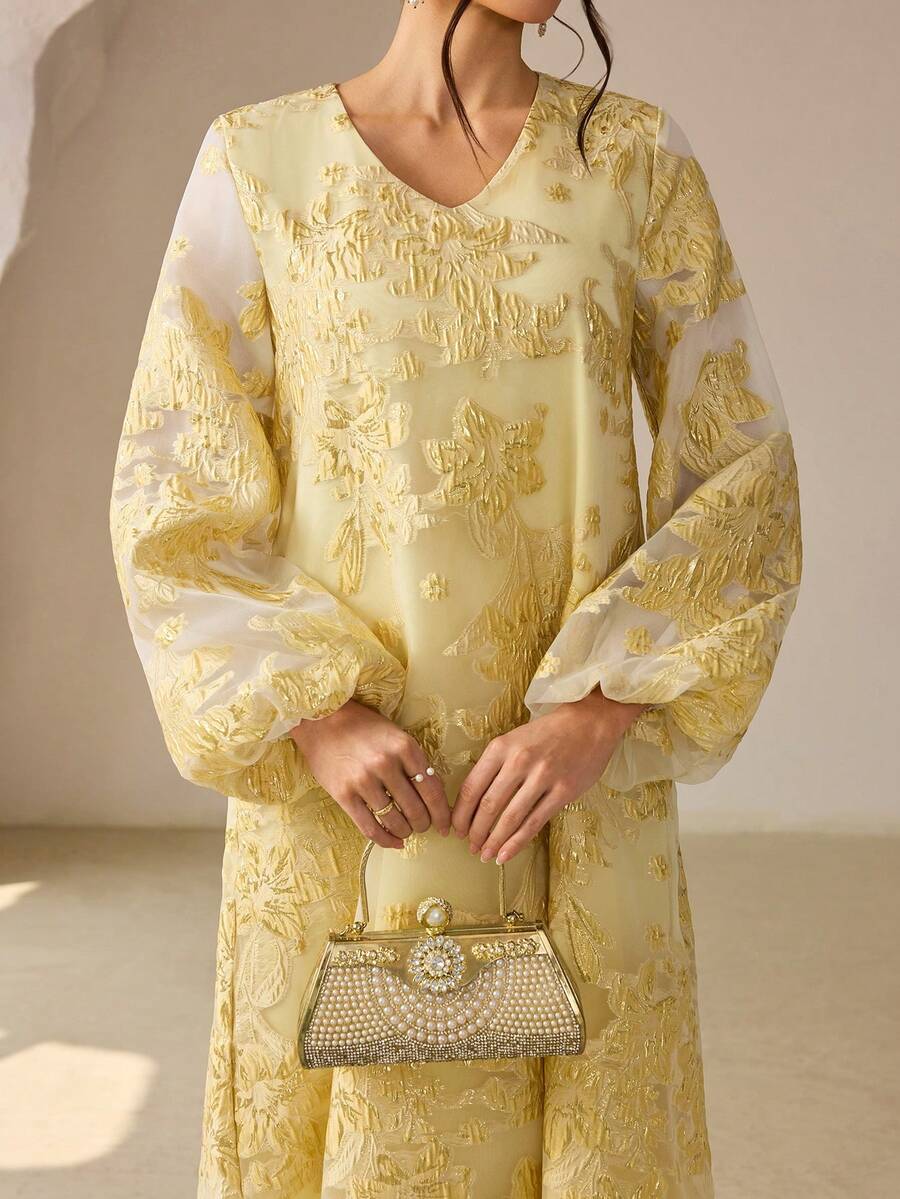 SHEIN Najma 新款提花紫色阿拉伯风格女装 - 黃色 - 查看 1