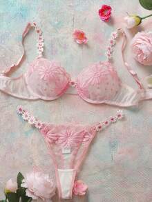 2pcs Women Sexy Underwear Bra & Panty Lingerie Set With Embroidery Lace - Pink - View 1