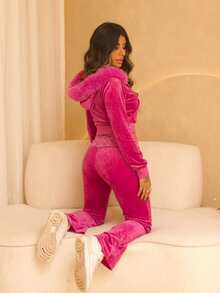 Rayane Ketlyn Y2K Velvet Crop Hoodie And Low-Rise Flare Pants 2pcs Set For Women - Pink - View 5