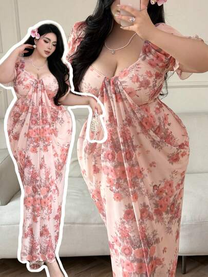 Vibekara Plus Size Floral Print Casual Wine Glass Shaped Mini Dress, Vacation & Leisure