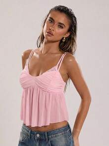 SHEIN BAE Damen Frühling/Sommer Spitzenbesatz gerafftes A-Linien Trägerhemd, sexy & süßes Trägerhemd, niedliches Trägerhemd, Y2K Trägerhemd, Urlaubs Trägerhemd, geeignet für Strand, Lässig Unternehmungen - Babypink - Übersicht 4