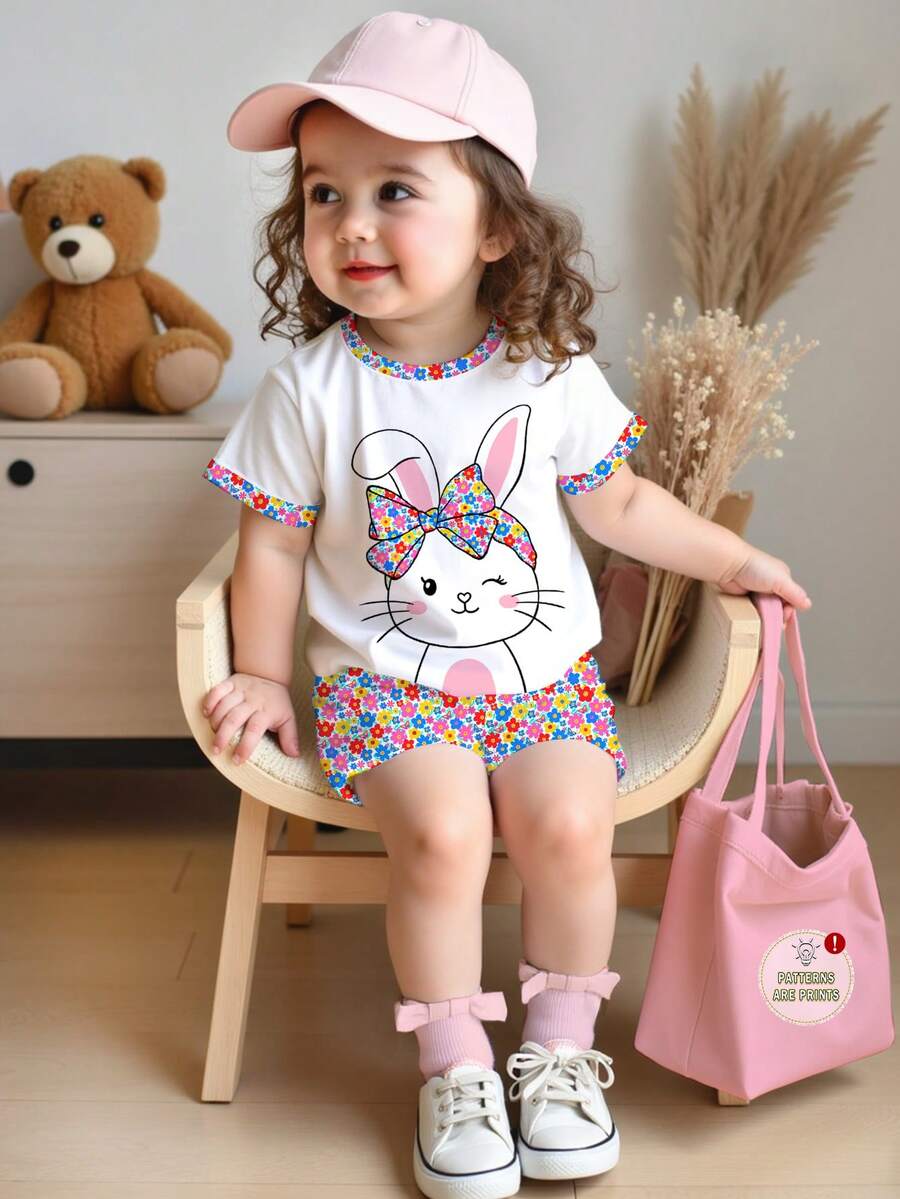 SHEIN 2pcs/Set Baby Girl Cute White Summer Clothes,Cartoon Rabbit Print Round Neck Short Sleeve T-Shirt And Shorts Set,Family Matching Toddler Easter Outfit - Multicolor - View 1