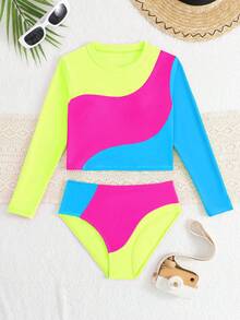 SHEIN 少女款Tankini泳衣，可爱拼接撞色针织面料长袖比基尼两件套，时尚休闲优雅，适合游泳、海滩、泳池、夏季度假等场合。 - 彩色 - 查看 3