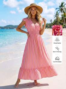 Sylviya 度假休闲条纹V领短袖连衣裙 - 彩色 - 查看 4