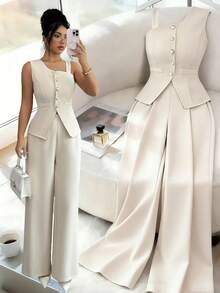 SHEIN Elenzya Bộ đồ nữ mùa hè thanh lịch, thoáng khí, cài cúc phía trước, gồm áo và quần. - Màu be - Xem 1