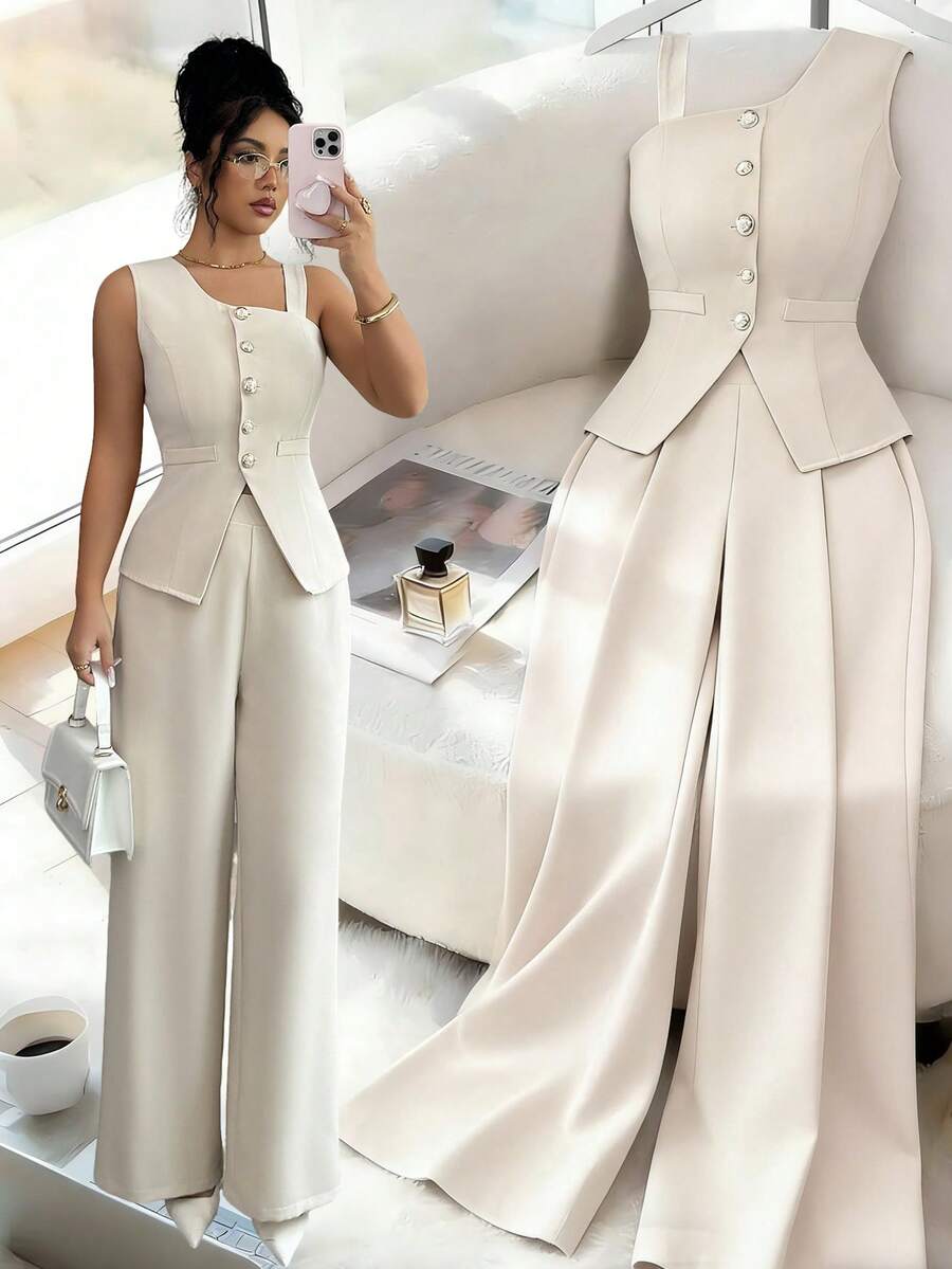 SHEIN Elenzya Bộ đồ nữ mùa hè thanh lịch, thoáng khí, cài cúc phía trước, gồm áo và quần. - Màu be - Xem 1