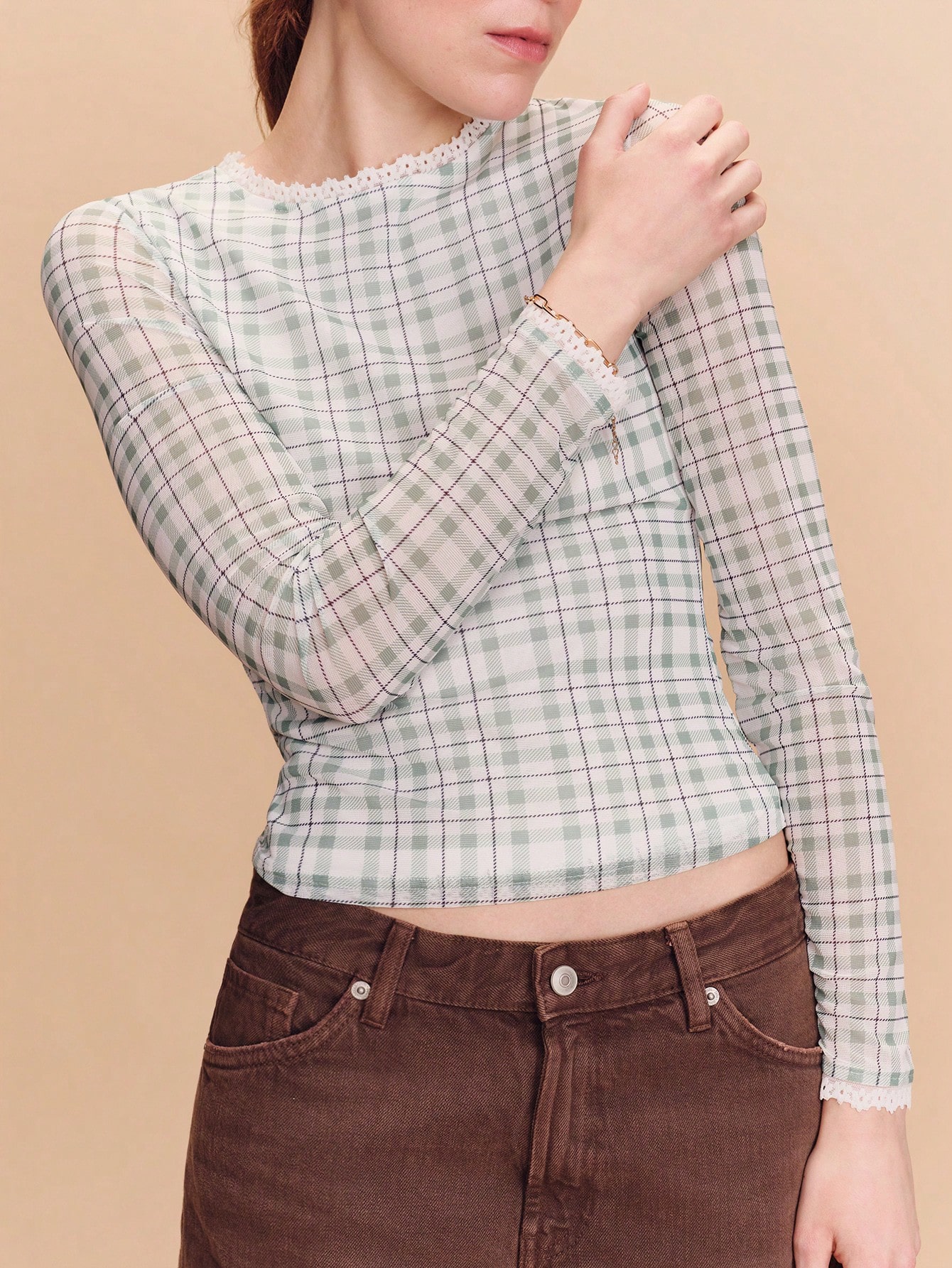 Green Check Mesh Longsleeve Fitted Top With Mini Lace Trim Detail Cute Spring Summer Cute Top French Style Parisian Style