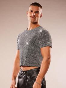 FeverCity Men's Shiny Slim Fit Cropped T-Shirt, Summer - Silver - View 6