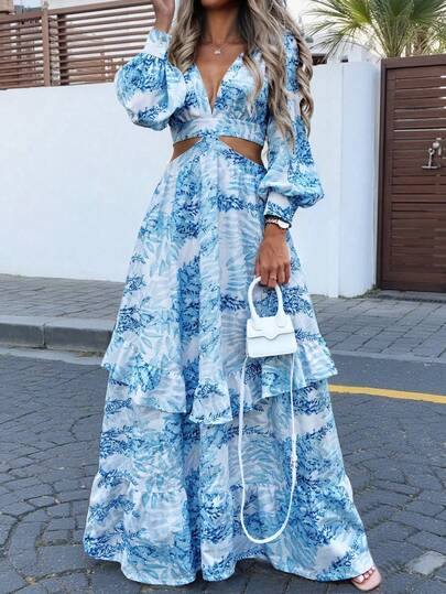 INAWLY Plus Size Women's Casual Vacation Deep V-Neck Irregular Leaf Print Long Dress, Sexy Hollow-Out Slimming Relaxed A-Line Dress, Suitable For Vacation, Parties, Gatherings