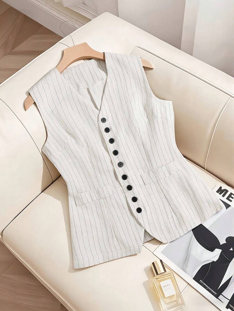 SHEIN Franclia Women's Summer Striped Camisole Top, Shirt, Minimalist Commuter, Button - Apricot - View 1