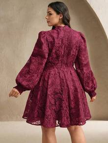 Anewsta Women's Spring Stand Collar Lantern Sleeve Waist Cinching Sheer Mesh Cashew Flower Embroidery Elegant Party Mini Dress - Burgundy - View 2