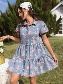 SHEIN Holidaya 女士玫瑰花印花优雅休闲荷叶边牛仔连衣裙 - 淺色水洗藍 - 查看 4