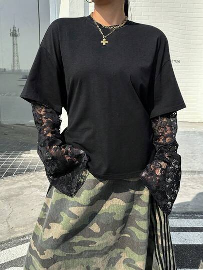 Muchica 2026SSpring And SummerPlus Size Women Crew Neck Contrast Lace Long Sleeve T-Shirtr Going Out Outfits, Back To School, Streetwear, Y2K Clothes