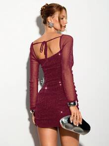 Nuvra 女士长袖闪亮金属色二合一塑身连衣裙，内置胸垫，休闲双层收腹提臀紧身迷你连衣裙，后背交叉系带领口，派对装 - 酒紅色 - 查看 3