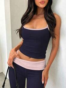 SHEIN EZwear 女士新款撞色系带吊带背心和喇叭裤套装，适合春夏穿着 - 藏蓝色 - 查看 4