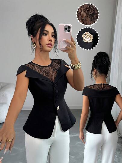 Elenzga Women's Casual Elegant Black Lace Patchwork Metal Buckle Detailed Top, Suitable For Party, New Year, Christmas, Valentine's Day, Halloween Casual Wear, Autumn/Winter