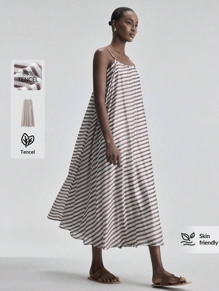 Ontre 天丝面料女士咖啡白条纹舒适柔软莱赛尔面料修身吊带V领飘逸连衣裙，波西米亚海滩度假装扮，乡村音乐节西部风情，休闲时尚低调奢华邮轮装，简约优雅高品质都市通勤办公连衣裙，四季皆宜 - 彩色 - 查看 1