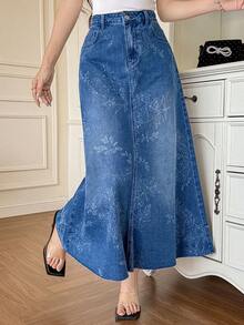 DAZY 女士休闲碎花水洗牛仔A字裙，春夏款 - 中等水洗藍 - 查看 3