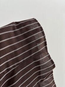 Elamini Brown Striped Organic Cotton V-Neck Halter Backless Tie-Waist Button-Front Cropped Shirt, Women's Spring/Summer , Minimalist, Office, Vacation, Retro Elegant, Versatile - Brown - View 5