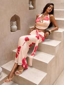 Glamine Bộ đồ 2 mảnh gợi cảm, thanh lịch dành cho nữ, gồm áo croptop cổ yếm buộc dây và váy dài, thích hợp cho kỳ nghỉ biển. - Nhiều màu - Xem 6