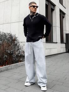 Artur Kramer ANDREILEE 男士街头时尚设计手工系带下摆和袖口做旧流苏黑色简约休闲宽松套头针织衫，适合春、秋、冬三季穿着。 - 黑色 - 查看 1