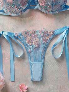 2pcs/Set Women Sky Blue Embroidered Lace-Up Lingerie Set - Baby Blue - View 3