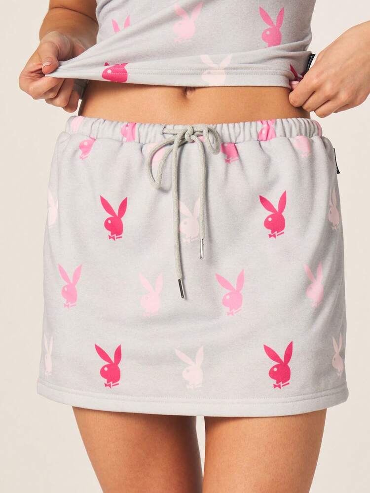 Missguided x Playboy Conjunto de Top Camisole e Saia Curta Estampado de Coelho com Cintura com Cordão, Coordenado Casual Feminino, Roupa de Descanso de Verão