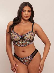 SHEIN BAE 2pcs Plus Size Women Contrast Color Embroidered Sexy Lingerie Set - Black - View 7