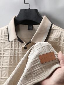 EGENSIO Men's Jacquard Solid Color Textured Ribbed Collar 3-Button Polo Shirt Set - Apricot - View 5