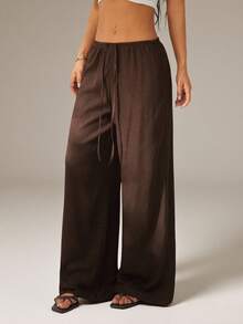 SHEIN PETITE 女士纯色系带阔腿宽松休闲百搭裤 - 棕色 - 查看 4