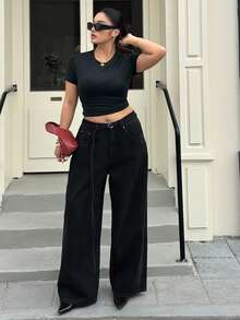 Dazy Plus Pantalones vaqueros anchos y sueltos con lavado vintage y decoración de cinturón, pantalones vaqueros largos de talla grande para mujeres - Negro - Ver 4