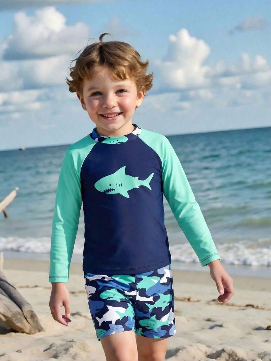 New Fashion Young Boy2 Pieces Swimsuit Set, Long Sleeve Top And Shorts, Digital Print Design - Multicolor - View 1