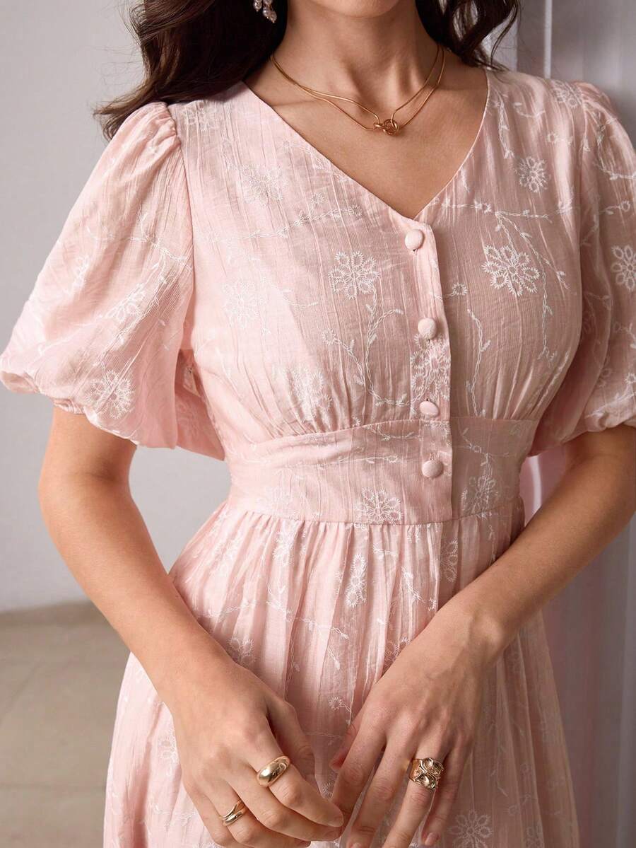Modelyn V-Neck Puff Sleeve Jacquard Front Button Closure Pink Dress