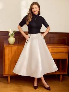 Vintamour Vintage Elegant Floral Skirt, Spring/Summer Fitted Button Decor Pocket A-Line Skirt, Light Khaki - Khaki - View 7