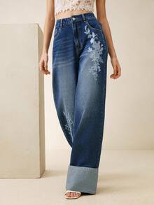 Anewsta Women's New Fashion Heavy Embroidered Straight-Leg Jeans - Blue - View 4