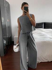 Livesso Conjunto casual de verano para mujer con top sin mangas de cuello redondo y pantalones vaqueros de pierna ancha con cordón en la cintura - Gris - Ver 7