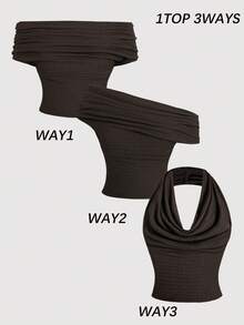 SHEIN Top ajustado de color rojo sólido versátil para niña preadolescente, ropa casual de verano, diseño de cuello alto y hombros descubiertos, elegante para vacaciones, campo, playa, té de la tarde y otras ocasiones - Café integral - Ver 5