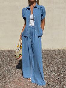 Livesso Women's Casual Washed Petal Sleeve Shirt And Wide Leg Jeans Set, Spring/Summer - Medium Wash - View 4